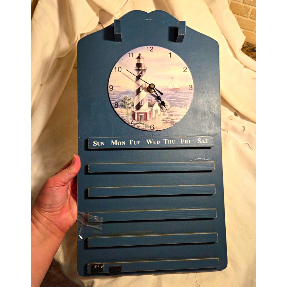 Blue Wooden Hanging Perpetual Calendar Lighthouse Nautical Analog Day of Week